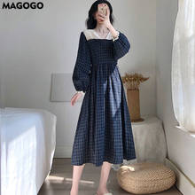 MAGOGO-Vestido de manga larga estilo palacio francés, prenda de otoño con cuello en V, cintura delgada, sección larga, Retro, azul marino, a cuadros 2024 - compra barato