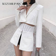 Xizihupan blazers brancos para mulheres, para mulheres, entalhado, manga comprida, cintura alta, top curto, solto, casual, coreano, roupas de primavera 2021 2024 - compre barato