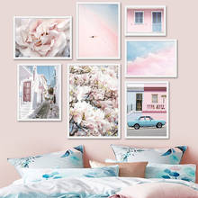 Картина на холсте с изображением розовых облаков, пионов, пляжа, дверей, улицы, настенные плакаты и принты в скандинавском стиле для декора гостиной 2024 - купить недорого