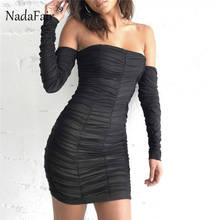 Nadafair, Сетчатое Мини сексуальное платье с открытыми плечами, черное, белое, красное, для женщин, с длинным рукавом, Клубные, вечерние, с рюшами, облегающие платья 2024 - купить недорого