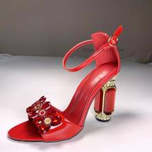 Sandalias de tacón grueso de cristal para mujer, joyería ostentosa con cuentas Rojas, zapatos de boda con correa en el tobillo, tacones de charol para fiesta 2024 - compra barato