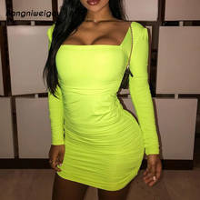 Bangniweigou 2 Layers Ruched Mini Dress Women Square Collar Backless 2019 Autumn Long Sleeve Pleat Bodycon Dress Party Plua Size 2024 - buy cheap