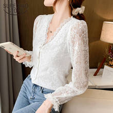 New Korean Long Sleeve Top Women V-Neck Lace Elegant White Blouse Women 2021 Crochet Flower Cardigan Vintage Shirts Women 11907 2024 - buy cheap