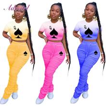 Women Set Lack Queen Poker Card Two Pieces Set Casual Crop Tops T-Shirt Stacked Jogger Pants Suit Outfit Tracksuit Matching Set 2024 - buy cheap