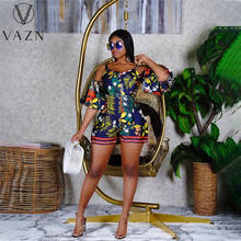 VAZN 2021 Top Quality Holiday Retro Print Daily Sweet Young Half Sleeve Off Shoulder High Waist Women Slim Playsuits 2024 - buy cheap