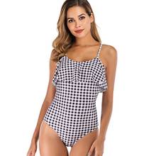 Maiô feminino de uma peça, com babado, halter, xadrez, roupa de banho, sexy, monokini, cintura alta, 2020, quente 2024 - compre barato