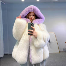 FURSARCAR 2021 New Fashion Whole Skin Winter Women's Jacket Natural Fox Fur Coat With Hood Color Mixing Thick Warm Real Fur 2024 - buy cheap