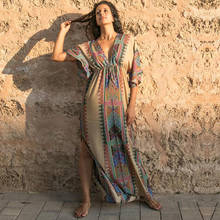 Платье-туника N645 женское пляжное в богемном стиле, розовый кафтан с инди-народным принтом, пикантный размера плюс с глубоким V-образным выре... 2024 - купить недорого