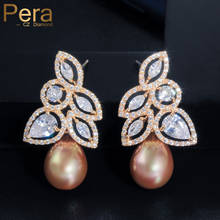 Pera Shiny Hollow Cut White Cubic Zirconia Vintage Gold Long Leaf Hanging Pearl Earrings for Women Wedding Custume Jewelry E421 2024 - buy cheap