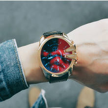 Relógio esportivo masculino ouro e couro, relógio de pulso cronógrafo de quartzo militar e vidro de refratação criativo para negócios 2024 - compre barato