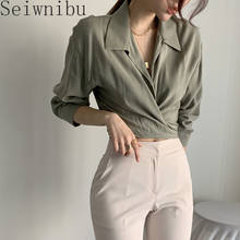 Seiwnibu blusa feminina manga longa estilo coreano chique francês curto emagrecimento all-match camisa cruz rendas-up nona manga senhora camisa 2024 - compre barato