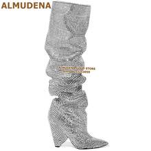 ALMUDENA Silver Bling Bling Crystal Tall Boots Spike Heel Glittering Rhinestone Knee High Long Boots Wedge Factory Real Photo 2024 - buy cheap