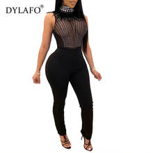 Sexy Women Glitter Diamonds Feather Sheer Mesh Skinny Jumpsuit Festival Clothes Turtleneck Sequined Night Club Party Rompers 2024 - buy cheap