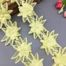 Cinta de encaje bordada con flor de perla amarilla, 1 yarda, 6cm, apliques florales, tela hecha a mano, vestido de novia, costura artesanal 2024 - compra barato