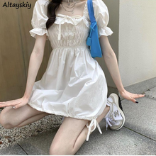 Dresses Women Backless Loose Students Summer Cozy Casual Korean Style Mujer De Moda Stylish Ulzzang Vestidos Female Puff Sleeve 2024 - buy cheap