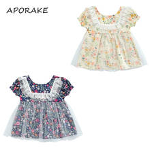 2021 0-3Y Kids Summer Dress Summer Girls Full Floral Lace Gauze O-Neck Short Bubble Sleeves Casual Dress Beige/Navy Blue 2024 - buy cheap