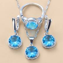 Conjunto de joias femininas para casamento, elegante, prata 925, céu azul, zircônia, colar redondo, brinco, conjunto para mulheres, 10 cores 2024 - compre barato