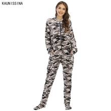 Pijama feminino camuflado com capuz, pijama camuflado manga comprida zíper frontal casual 2024 - compre barato