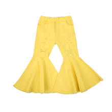 Женские модные джинсы От 2 до 7 лет для девочек, эластичные однотонные рваные брюки-клеш с высокой талией, осенняя одежда желтого цвета 2024 - купить недорого