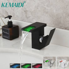 Светодиодный смеситель KEMAIDI для ванной комнаты, кран «Водопад» для умывальника, крепление на раковину черно-белого цвета, из твердой латуни 2024 - купить недорого