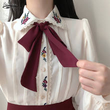 Blusa de gasa con cuello vuelto para mujer, camisa elegante coreana con lazo, bordado Floral, Estilo Vintage, 13648 2024 - compra barato