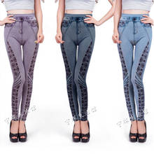 Leggings femininos sem costura jeans para primavera e verão, roupa externa elástica de cintura alta com estampa, calças tipo lápis 2024 - compre barato
