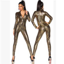 Sexy metálico pele de cobra bodycon macacão feminino manga longa frente zip dourado preto bodysuit senhora do falso couro catsuit playsuits 2024 - compre barato