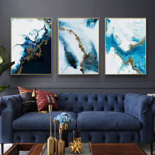 Nórdico abstrato azul dourado pintura em tela cor spalsh cartaz e impressão original decoração da arte parede imagens para sala de estar quarto 2024 - compre barato