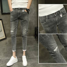 Hot 2022 Fashion Denim Jeans Men's Slim Feet Pencil Pants Trend Korean All-match Pants Scratched Holes Ankle Length Trousers 2024 - buy cheap