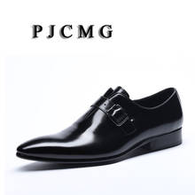 PJCMG Fashion New Black/Red Flats Formal Mens Dress Buckles Pointed Toe Genuine Leather Business Man Wedding Shoes 2024 - buy cheap