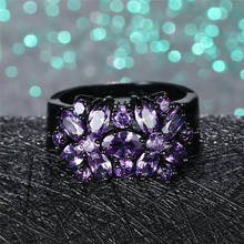 Charme feminino roxo cristal anel de flor luxo 14kt preto ouro anel de noivado vintage noiva casamento banda grandes anéis para mulher 2024 - compre barato