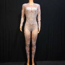 Monos sexys de piel desnuda con perlas, monos ajustados con diamantes de imitación, mono de cantante Mv para baile, leotardo para fiesta, trajes de escenario para DJ 2024 - compra barato