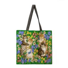 Bolso de hombro para mujer, bolsa de mano con estampado de gatito y flores, plegable, reutilizable, de playa, de lino, informal 2024 - compra barato