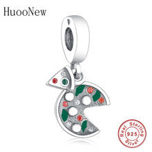 Huoonew-pulseira pandora original 925, berloque com pingente de contas de zircônia, prata esterlina, verde, esmalte itália, comida, pizza 2024 - compre barato