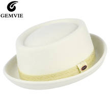 GEMVIE-Sombrero de fieltro de lana para hombre y mujer, sombrero Fedora de Porkpie blanco con ala curva, banda a rayas, para otoño e invierno, 100% 2024 - compra barato