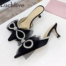 Bowtie Kitten Heels Slippers Crystal Pointy Toe Shoes Woman Summer Ladies Slides Black Butterfly Knot Sandals 2024 - buy cheap