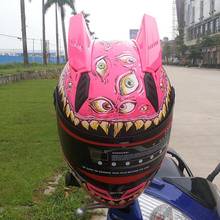 Frete grátis capacete da motocicleta olhos rosa com chifres rosa inverno temporada capacete casco 2024 - compre barato