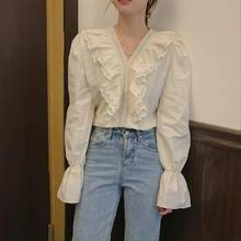 Heydress 2020 Spring Lace Patchwork Women's Shirt Female Blouse Tops Long Sleeve V-Neck Korean OL Ruffles Blouses 2024 - buy cheap