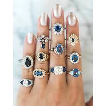 Conjunto de anéis geométricos azuis dourados, anel feminino de 11 tamanhos, quadrado, cor dourado e prateado, joias para festa de noivado e festa 2024 - compre barato