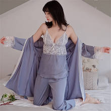 JULY'S SONG New Woman Spring Sleepwear 3 Piece Sexy Lace Faux Silk Pajamas Set Women Lace Sling Sleeveless Trousers Summer Robe 2024 - buy cheap