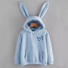 Qrwr 2020 outono inverno feminino hoodies kawaii orelhas de coelho moda impressão com capuz casual cor sólida moletom hoodies para mulher 2024 - compre barato