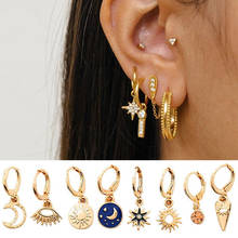 Flatfoosie Star Moon Tiny Hoop Earrings For Women Girls Small Gold Color Vintage Enamel Round Charm Hoops Earring Simple Jewelry 2024 - buy cheap