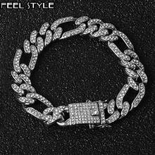 Pulseira masculina, bracelete cheio de cristal, com fechos de cor dourada, corrente cubana, para homens, hip hop 2024 - compre barato