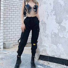 Streetwear Women Black Cargo Pants Harajuku Letter Patchwork Big Pockets Korean Pants Casual Elastics Trousers Pantalones Mujer 2024 - buy cheap