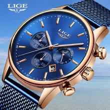 Мужские s часы LIGE синие наручные часы с ремешком-сеткой мужские роскошные брендовые кварцевые часы мужские модные Спортивные Хронограф Relogio Masculino + коробка 2024 - купить недорого