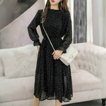 Women Dress 2022 Black Casual Spring Lady Long Chiffon Dress Korean Fashion Elegant Women Long Sleeved Polka Dot Pleated Dress 2024 - buy cheap