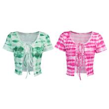 Women Summer Ribbed Knit Short Sleeve T-Shirt Gradient Tie-Dye Printed Lace-Up Front Cardigan Bandage O-Neck Slim Tops Clubwear 2024 - buy cheap