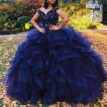 Gorgeous Navy Blue Ball Gown Quinceanera Dresses Off the Shoulder Pearls Ruffles Tier Skirt Sweet 15 Dress Tutu Make Up Gowns 2024 - buy cheap