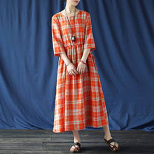 Johnature Women Plaid Dress O-Neck Seven Sleeve Linen 2021 Autumn New Vintage Belt Female Clothes Pockets Dresses 2024 - buy cheap