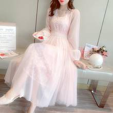 Fall 2020 Brand New Women Bohemian Dress V-neck Puff Sleeve Mesh Long Dress Fairy Lace Dress Elegant Long Dress Vestidos K380 2024 - buy cheap